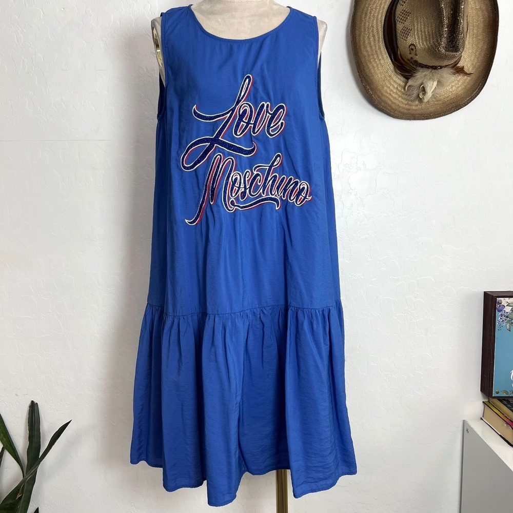 Love Moschino Dress US 8 Blue Embroidered Logo Ruffle Tiered drop waist shift